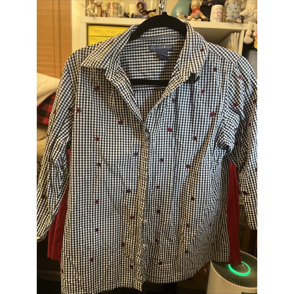 Mountain Lake Black White Gingham Ladybug Embroidered 3/4 Sleeve Cotton Shirt M